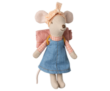 Load image into Gallery viewer, Hiker mouse wears a blue denim dress, a peachy patterned head scarf and a has a pink roll up matt on her back with mustard yellow straps
