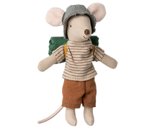 Load image into Gallery viewer, Brother hiker mouse ears a stripey beige tshirt, brown shorts, blue checked hat and a green rolled up mat on his back
