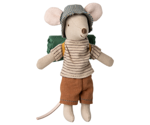 Brother hiker mouse ears a stripey beige tshirt, brown shorts, blue checked hat and a green rolled up mat on his back