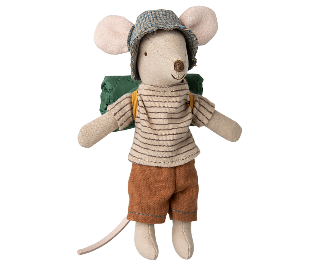 Brother hiker mouse ears a stripey beige tshirt, brown shorts, blue checked hat and a green rolled up mat on his back