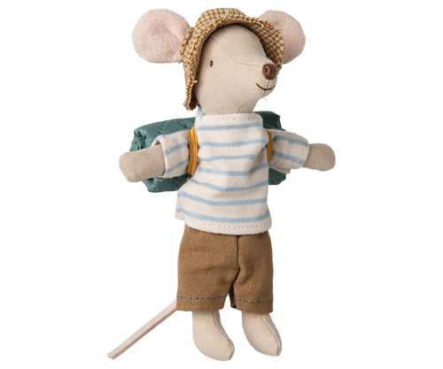 This hiker mouse wears a blue and white stripey top, brown shorts, brown checked hat and a dark blue rolled up mat on his back  