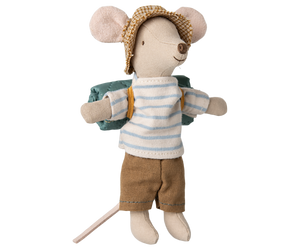 This hiker mouse wears a blue and white stripey top, brown shorts, brown checked hat and a dark blue rolled up mat on his back  