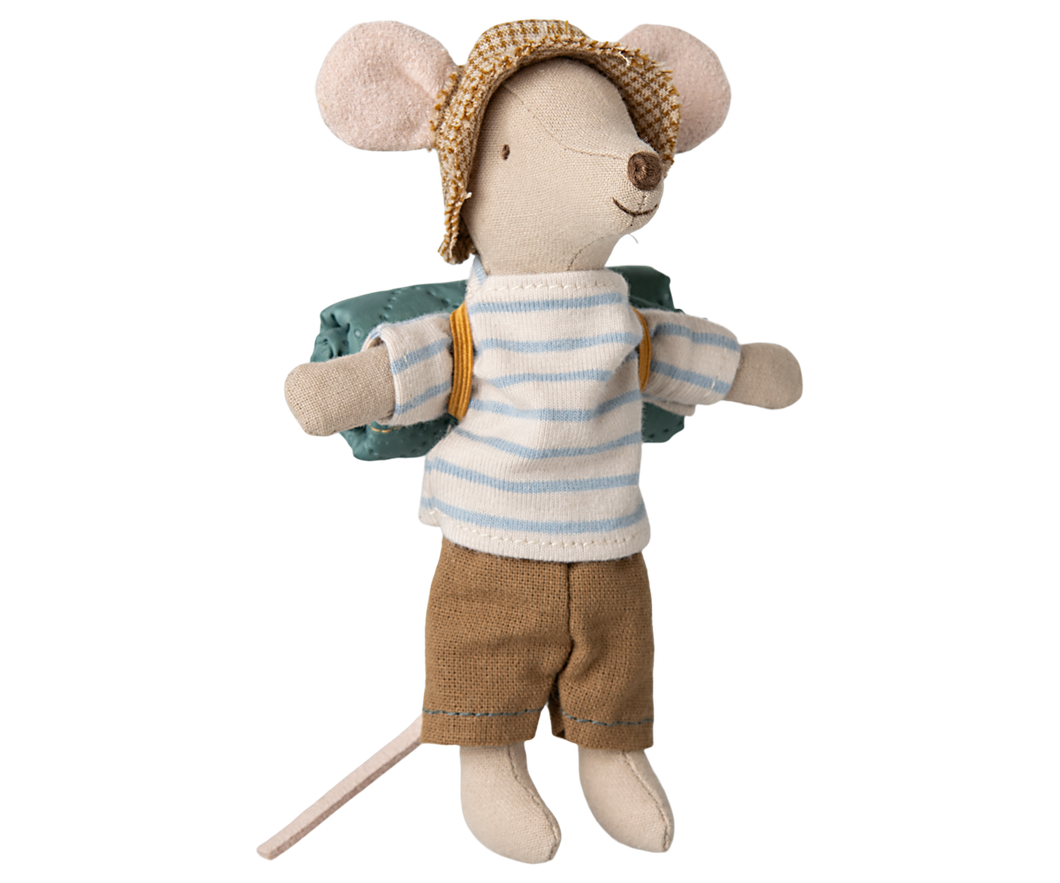 This hiker mouse wears a blue and white stripey top, brown shorts, brown checked hat and a dark blue rolled up mat on his back  