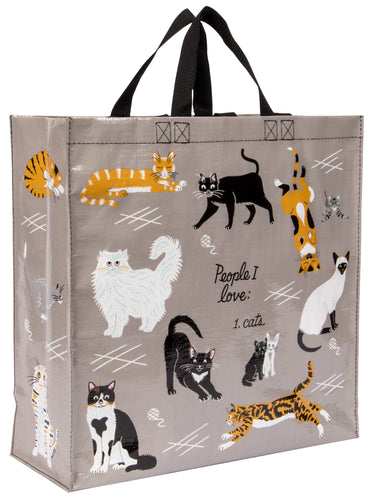 Made from 95% recycled materials, grey shopper with black handles.  Illustrated with a lots of breeds cats. Reads 'People I love: 1. Cats'