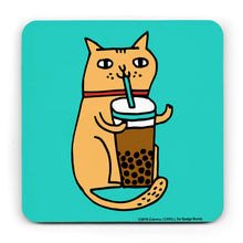 Load image into Gallery viewer, square turquoise coaster with an illustration by Gemma Correll of an orange cat drinking a bubble tea from a straw
