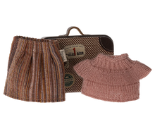 Load image into Gallery viewer, Beautiful pink knitted jumper and brown pleated striped skirt to fit Grandma Mouse.  Behind the clothing can be see the little tin suitcase in the style of a vintage case with stickers of destinations
