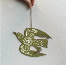 Load image into Gallery viewer, Folded Forest Screenprinted Wooden Decoration - Woodland Bird - Olive Green
