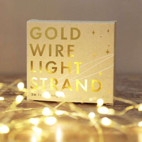 Gold battery operated string lights in front of it's box packaging