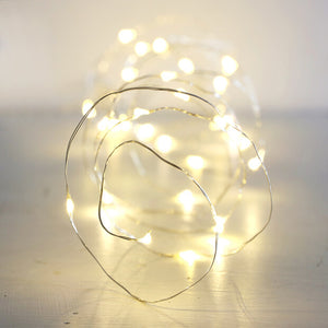 close up of silver string lights