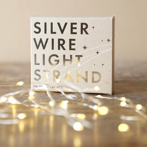 Silver battery operated string lights in front of it's box packaging