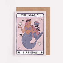 Load image into Gallery viewer, The words &#39;The magic birthday&#39; surrounding a beautiful, pastel coloured illustration of a mermaid surrounded by strars and flowers.
