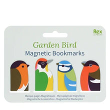 Load image into Gallery viewer, Rex London Garden Bird Magnetic Bookmarks set in a white hanging card package, featuring four colorful illustrated birds on the front.
