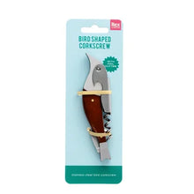 Load image into Gallery viewer, A bird-shaped corkscrew tool in its retail blister packaging, featuring a brown wooden handle, stainless steel head, on a light blue card with the Rex brand logo.
