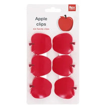 Load image into Gallery viewer, Six red apple-shaped handy clips in a blister pack on a white background, with the Rex brand logo visible in the top right corner.
