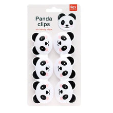 Load image into Gallery viewer, Rex brand six panda-shaped handy clips in a white blister pack, featuring black and white panda faces with small pink blush accents.
