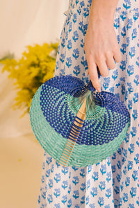 Raffia Hand Fan in Blue Aqua