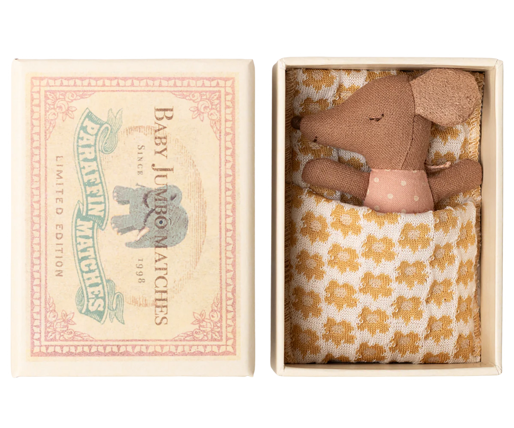 Maileg Sleepy Wakey Baby Mouse In Matchbox- Rose