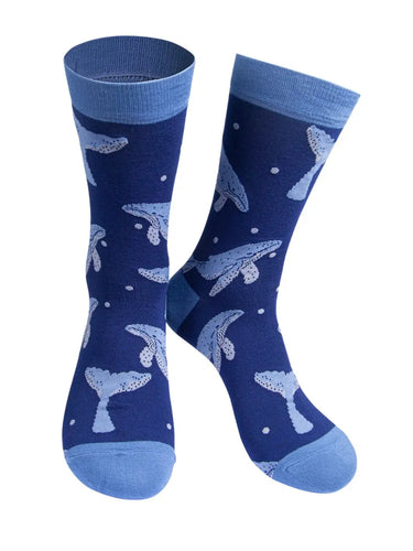 Dark blue sock with whale design. Light blue detail on cuff, heel and toes 