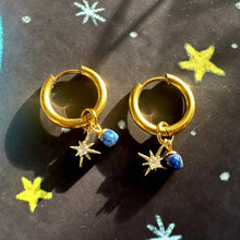 Load image into Gallery viewer, Aquamarine Midnight Blue “Night Court 18k gold Stars” Detachable Charm Hoop Earrings
