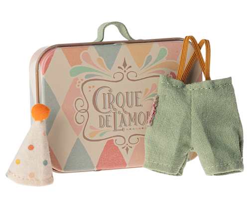 little metal suitcase with harlequin design in pastel colours and the words 