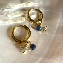 Load image into Gallery viewer, Aquamarine Midnight Blue “Night Court 18k gold Stars” Detachable Charm Hoop Earrings
