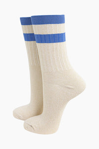 Women’s Socks - Glitter Striped Cuff - Cream/Denim Blue