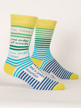 Load image into Gallery viewer, One Order of Woods Men’s crew Socks by Blue Q | £11.95. Ethical and sustainable socks with quirky, humorous designs and vibrant colours. 
