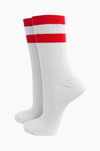 Women’s Socks - Glitter Striped Cuff - White/Red