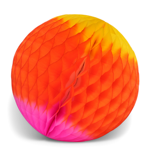 honeycomb paper ball which is yellow oyellow at one end, orange in the middle and pink at the other end