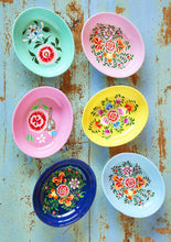 Load image into Gallery viewer, Set of six colourful painted enamel oval bowls with floral patterns on a rustic wooden surface.
