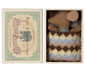 Maileg Sleepy Wakey Baby Mouse In Matchbox- Blue