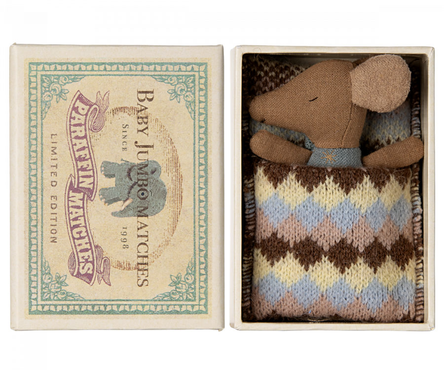 Maileg Sleepy Wakey Baby Mouse In Matchbox- Blue