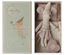 Load image into Gallery viewer, Maileg&#39;s tooth fairy, wearing a little  soft pointed cap and holding a sparkly wand.  She is wearing a layered  pink petal shaped skirt and has a fixed spotty top.  She has a gingham covered mattress and beautiful crochet look soft cream blanket.  Inside the box is also a little enamel heart shape tin with a smiling tooth on it.  The top of the box  has an illustration of a tooth fairy mouse holding her wand and carrying a tooth.  Below are the words &quot;Dream &amp; Tooth Fairy
