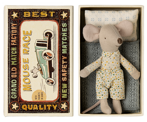 Maileg toy mouse in matchbox styled box.  The box has an illustratiion remeniscent of an old matchbox with a picture of a mouse driving an old open car.  Around the edges as the words 