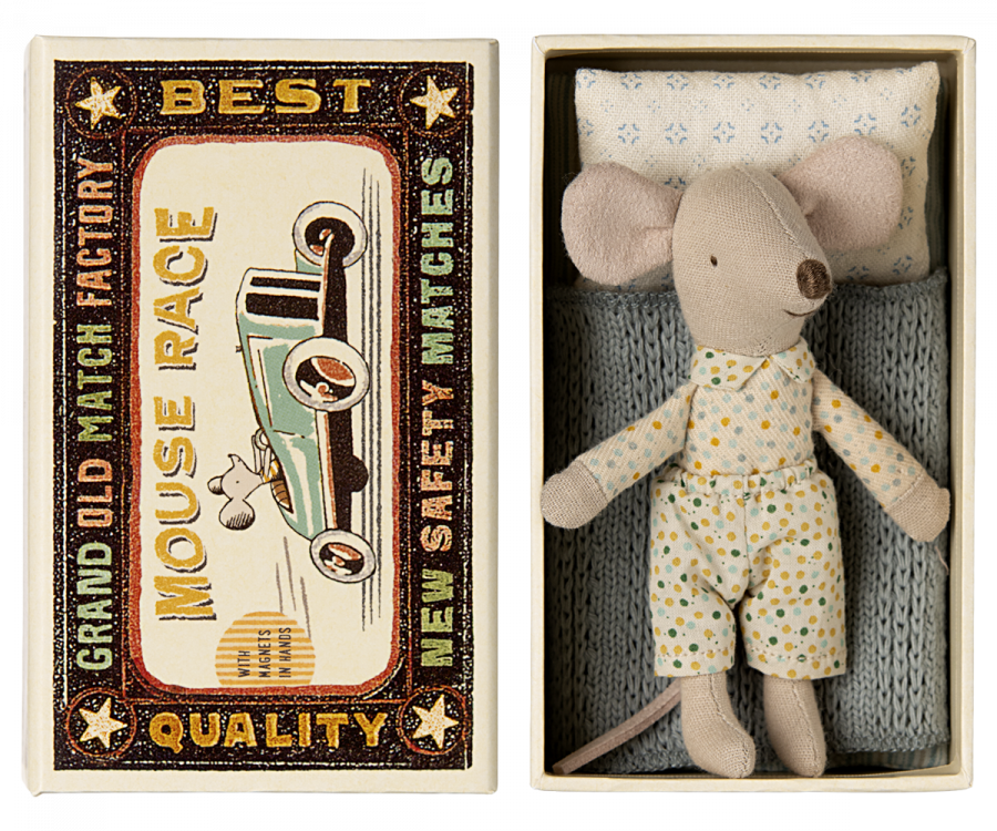 Maileg toy mouse in matchbox styled box.  The box has an illustratiion remeniscent of an old matchbox with a picture of a mouse driving an old open car.  Around the edges as the words 