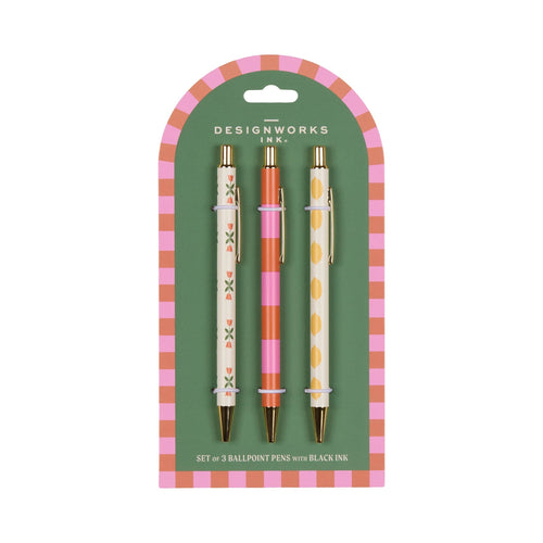 Set of three ballpoint pens with decorative designs in packaging, featuring the brand 'Designworks Ink'.