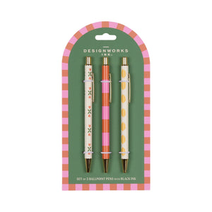 Set of three ballpoint pens with decorative designs in packaging, featuring the brand 'Designworks Ink'.