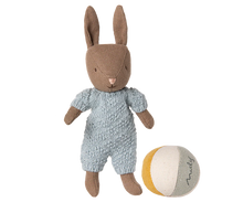 Load image into Gallery viewer, Maileg Micro Bunny Set - Brown with Blue Knitted Suit and Ball
