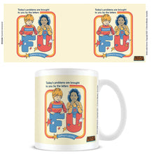 Load image into Gallery viewer, Mug with retro design of two children and the letters 'FU' on a beige background.
