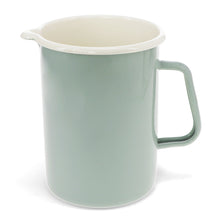 Load image into Gallery viewer, A mint green enamel tall jug with a cream-coloured interior and a matching green handle, shown on a white background.
