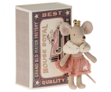 Load image into Gallery viewer, theprincess mouse can be seen standing by her matchbox bed.  She is wearing a soft pink frilled tutu skirt and has a faux ermine fur shawl around her shoulders.  She has a small fixed gold crown.  The box looks like an old fashioned matchbox with the wording &quot;Grand old match factory.  Best quality&quot;  around the edge and an illustration of the princess mouse being driven in an open top car
