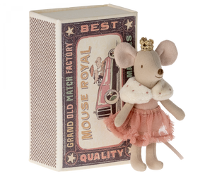 theprincess mouse can be seen standing by her matchbox bed.  She is wearing a soft pink frilled tutu skirt and has a faux ermine fur shawl around her shoulders.  She has a small fixed gold crown.  The box looks like an old fashioned matchbox with the wording "Grand old match factory.  Best quality"  around the edge and an illustration of the princess mouse being driven in an open top car