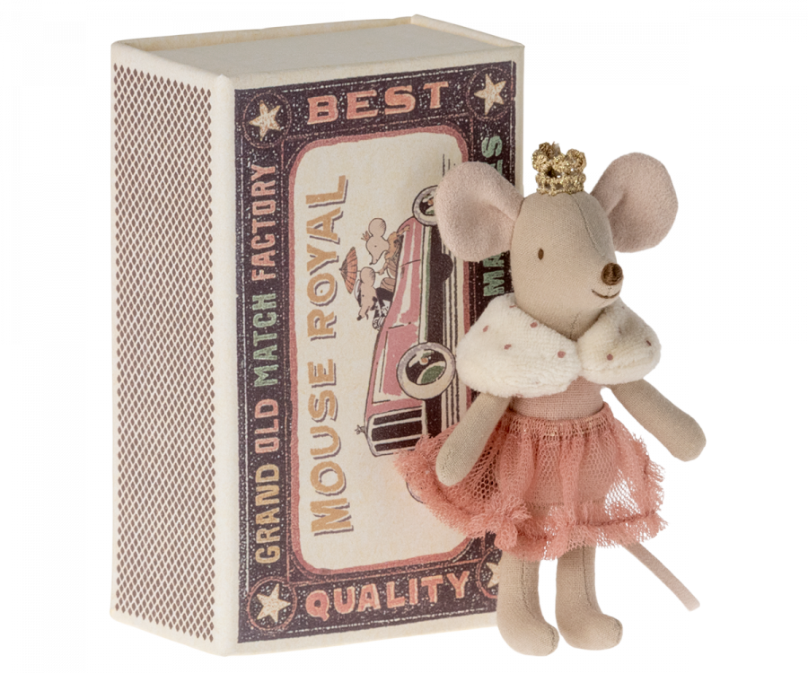theprincess mouse can be seen standing by her matchbox bed.  She is wearing a soft pink frilled tutu skirt and has a faux ermine fur shawl around her shoulders.  She has a small fixed gold crown.  The box looks like an old fashioned matchbox with the wording 