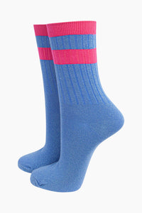 Women’s Socks - Glitter Striped Cuff - Denim Blue/Hot Pink