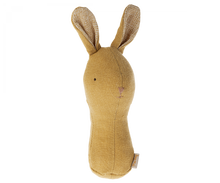 Load image into Gallery viewer, sandy coloured baby rattle with bunny face and ears.  The inside of the ears are lined with a lighter contrasting fabric.
