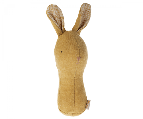 sandy coloured baby rattle with bunny face and ears.  The inside of the ears are lined with a lighter contrasting fabric.