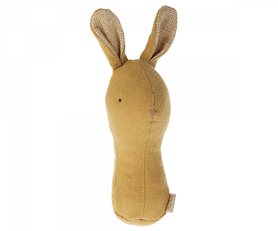 sandy coloured baby rattle with bunny face and ears.  The inside of the ears are lined with a lighter contrasting fabric.