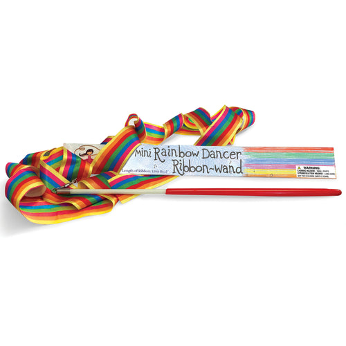 Theveand has a rigid red plastic wand which is attached t a long rainbow striped ribbon