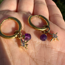 Load image into Gallery viewer, Amethyst 18k gold Stars” Detachable Charm Hoop Earrings
