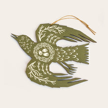 Load image into Gallery viewer, Folded Forest Screenprinted Wooden Decoration - Woodland Bird - Olive Green
